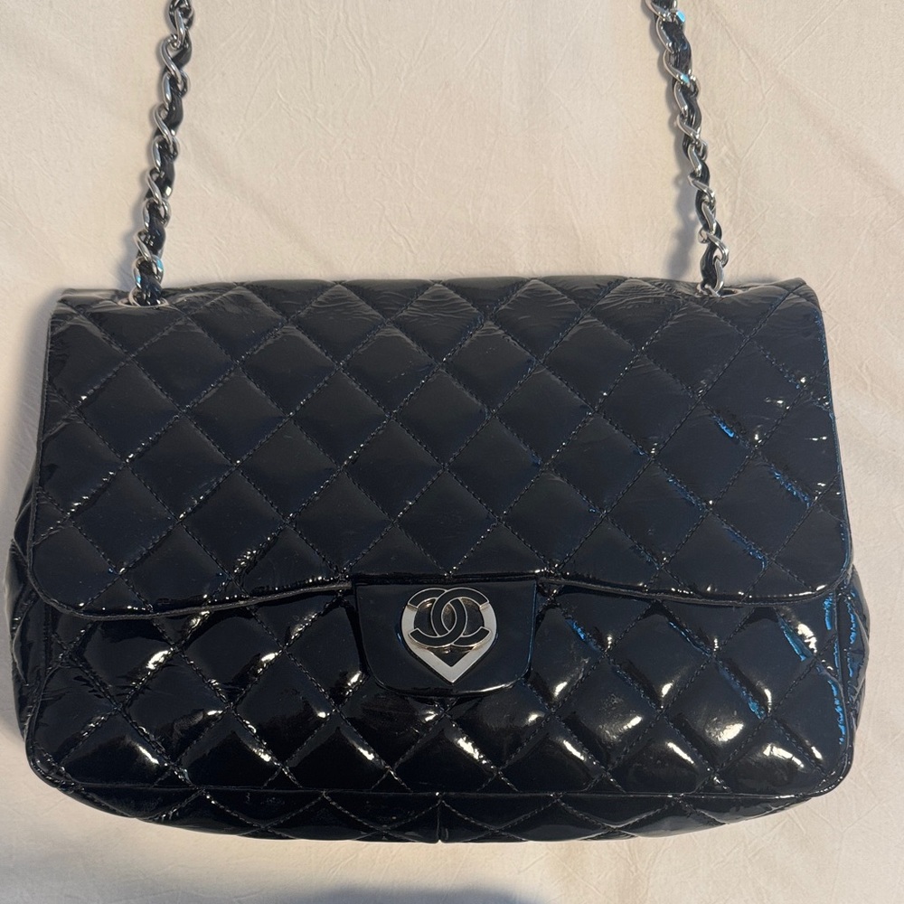 Limited Edition 2009 CHANEL Black Patent Quilted Shoulder Bag with Heart Closure
